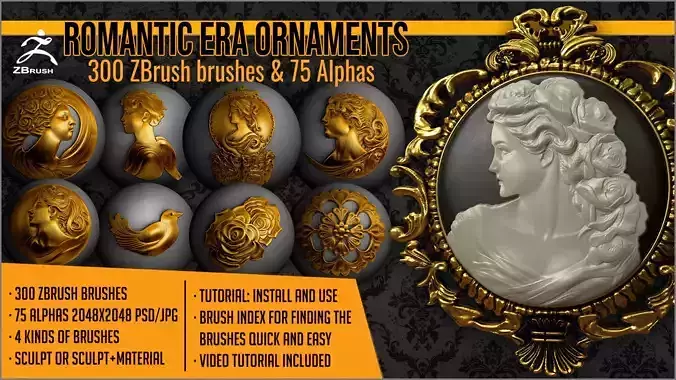 Romantic Era Ornaments Maker 300 ZBrush brushes and 75 alphas Texture