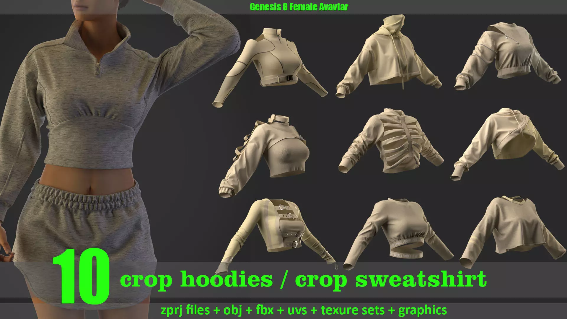 10 crop hoodies and crop sweatshirts 3D model_0