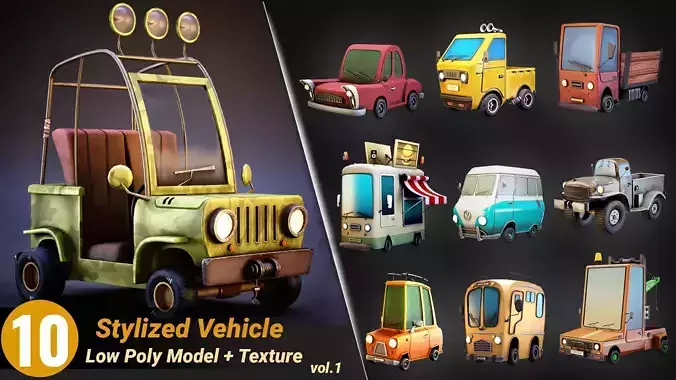 10 Stylized vehicles low poly 3d model and PBR textures