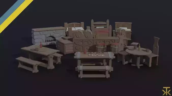 Cartoon medieval tavern interior asset Polygonal Style