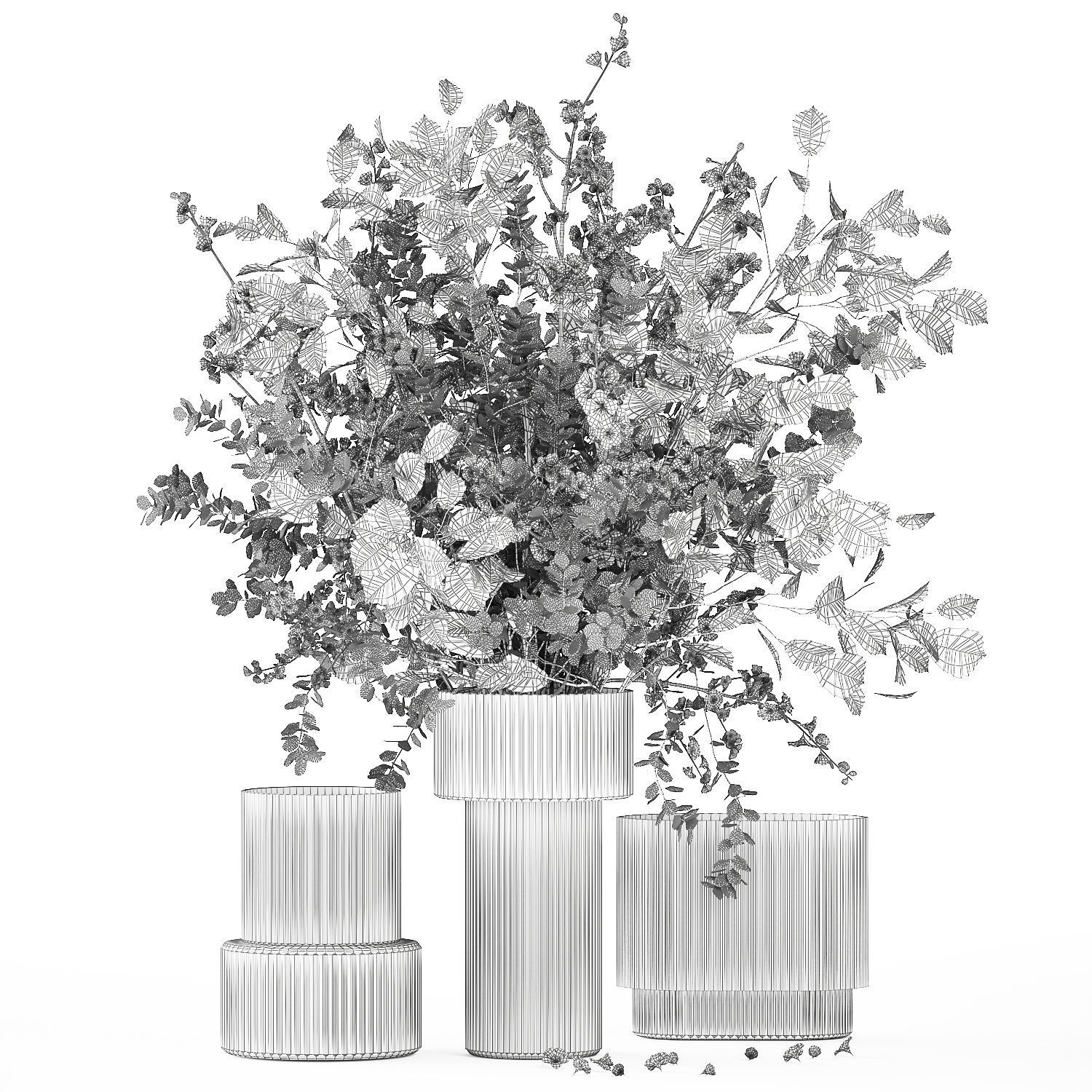Bouquet of cherry blossom branches with green leaves in a vase  3D model_14