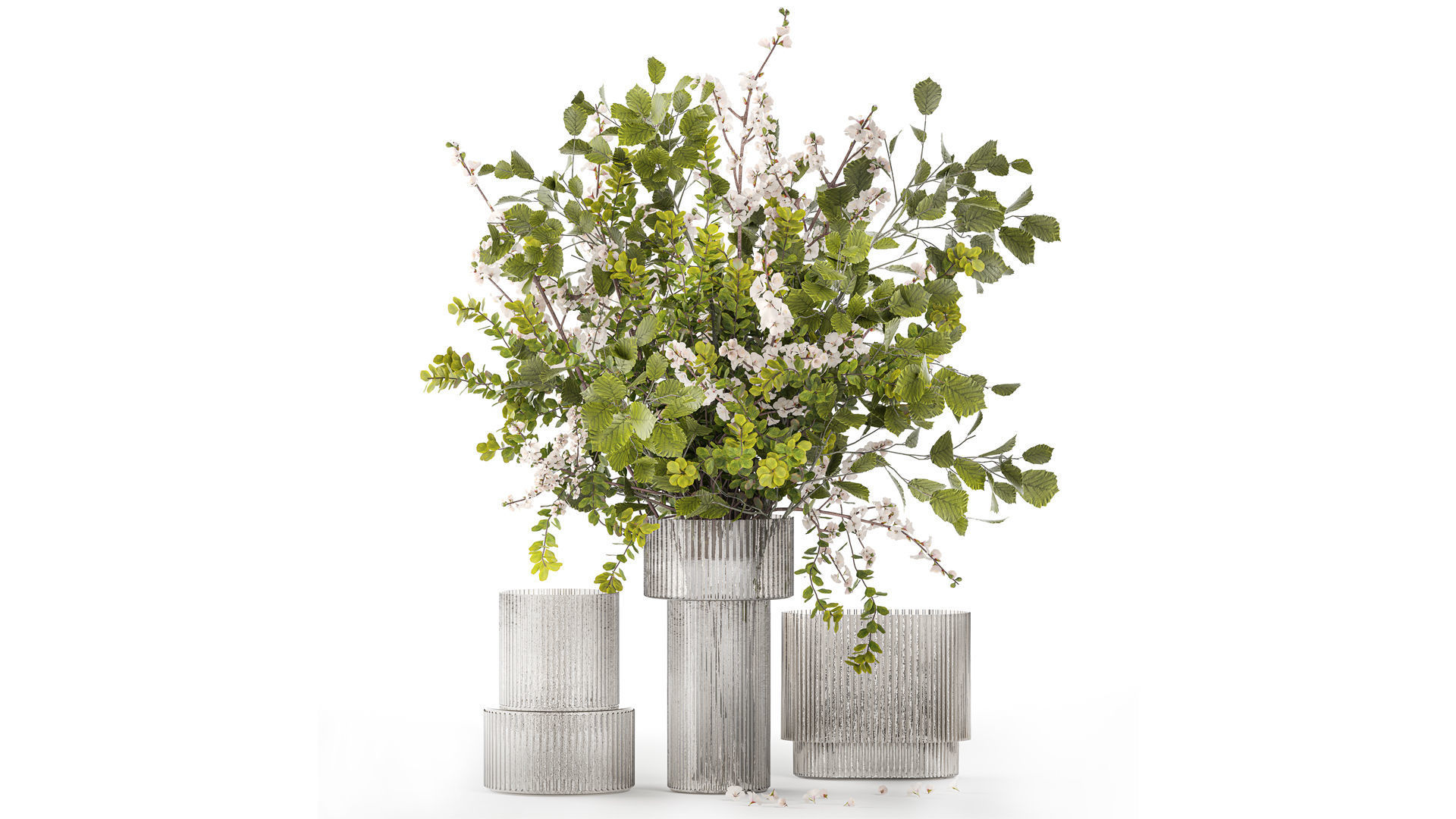 Bouquet of cherry blossom branches with green leaves in a vase  3D model_1