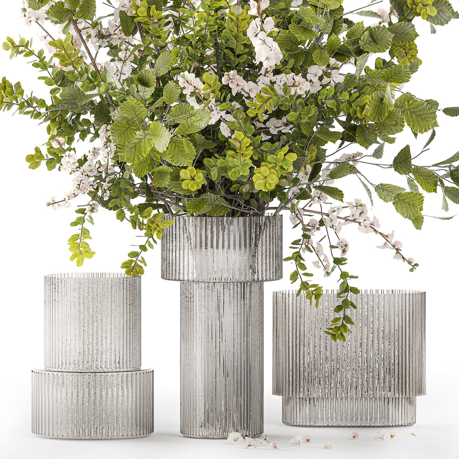 Bouquet of cherry blossom branches with green leaves in a vase  3D model_12