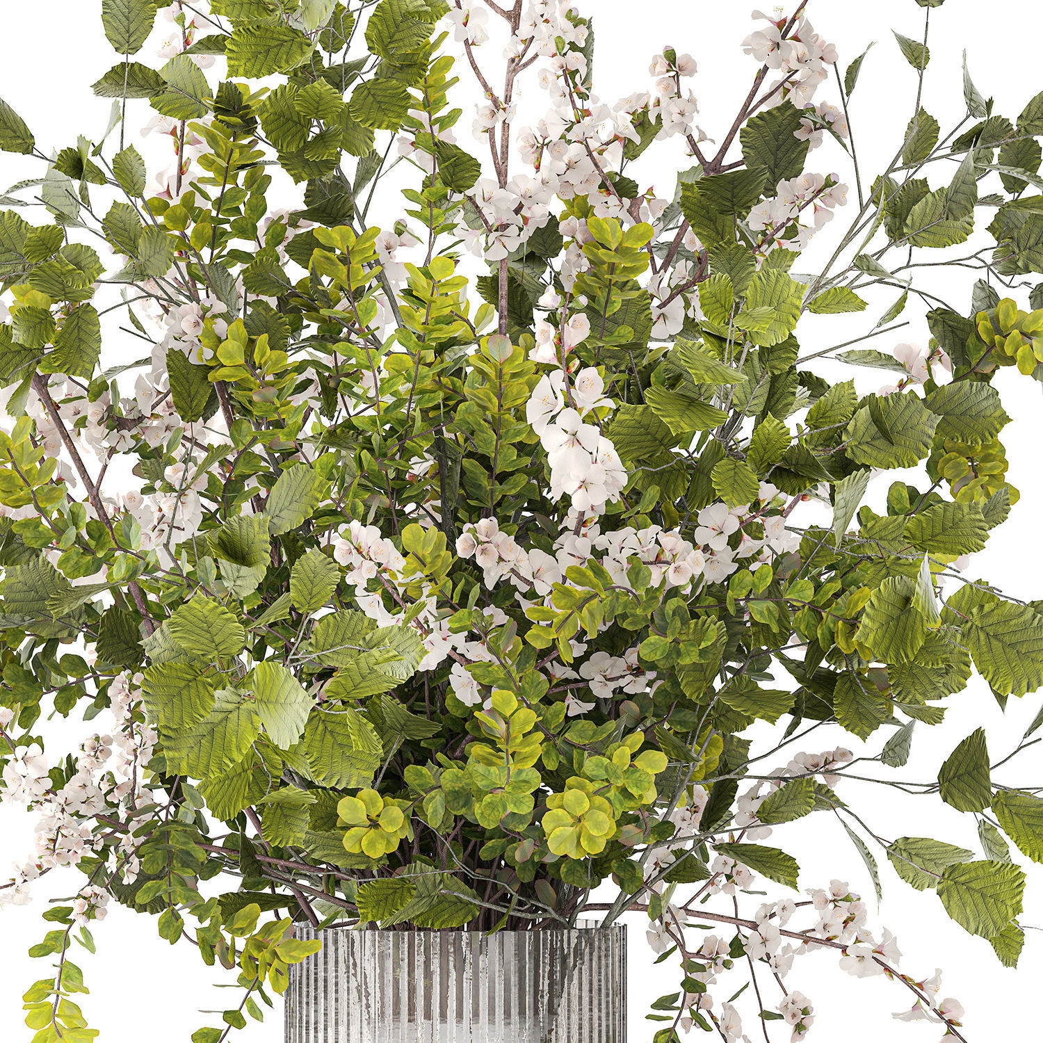 Bouquet of cherry blossom branches with green leaves in a vase  3D model_13
