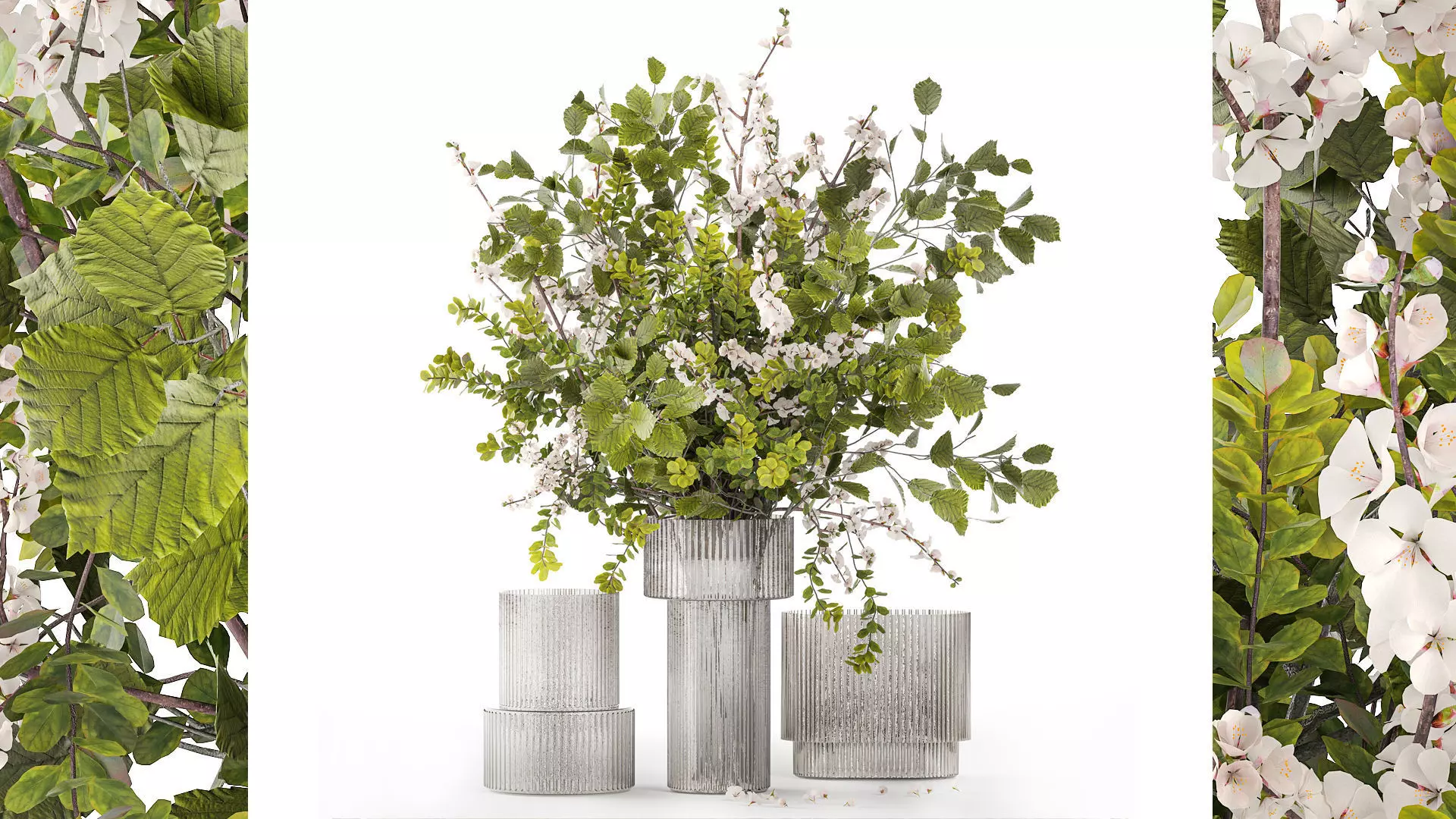 Bouquet of cherry blossom branches with green leaves in a vase  3D model_0