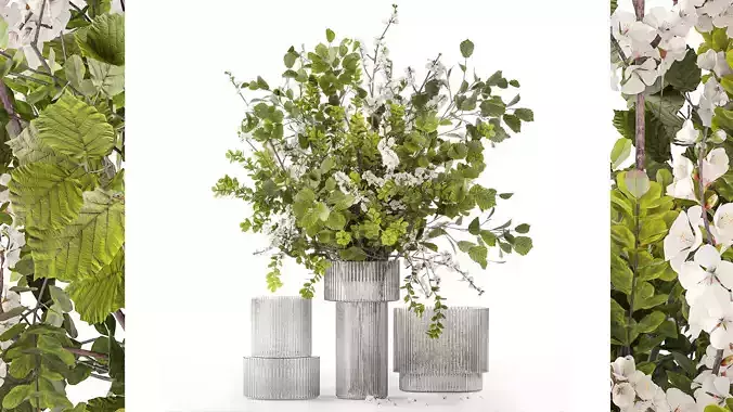 Bouquet of cherry blossom branches with green leaves in a vase  3D model