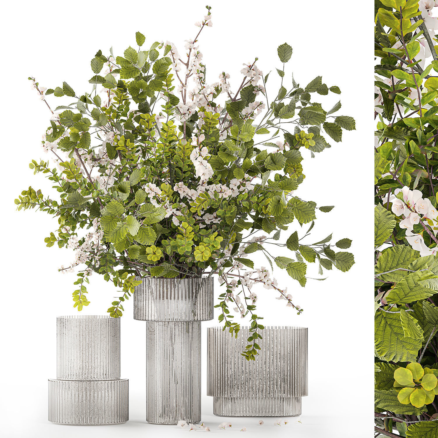 Bouquet of cherry blossom branches with green leaves in a vase  3D model_7