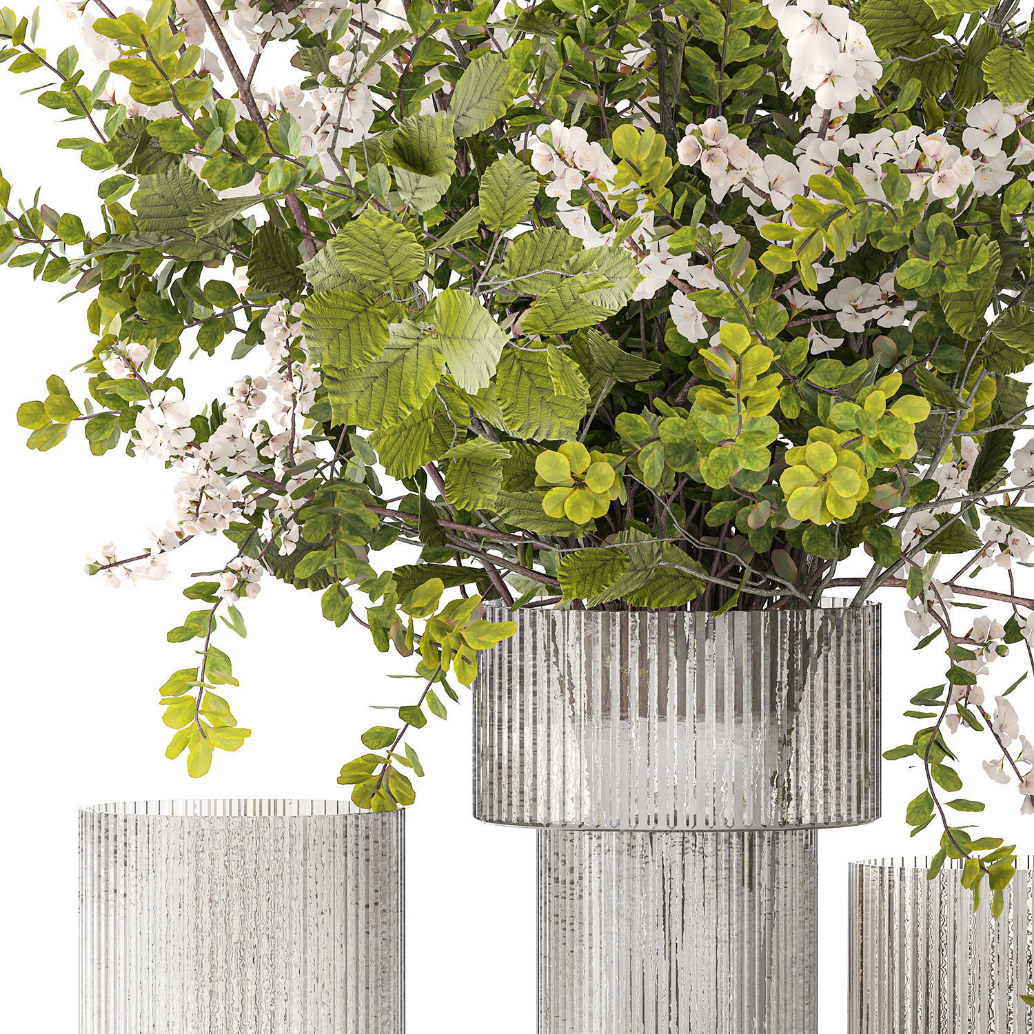 Bouquet of cherry blossom branches with green leaves in a vase  3D model_10