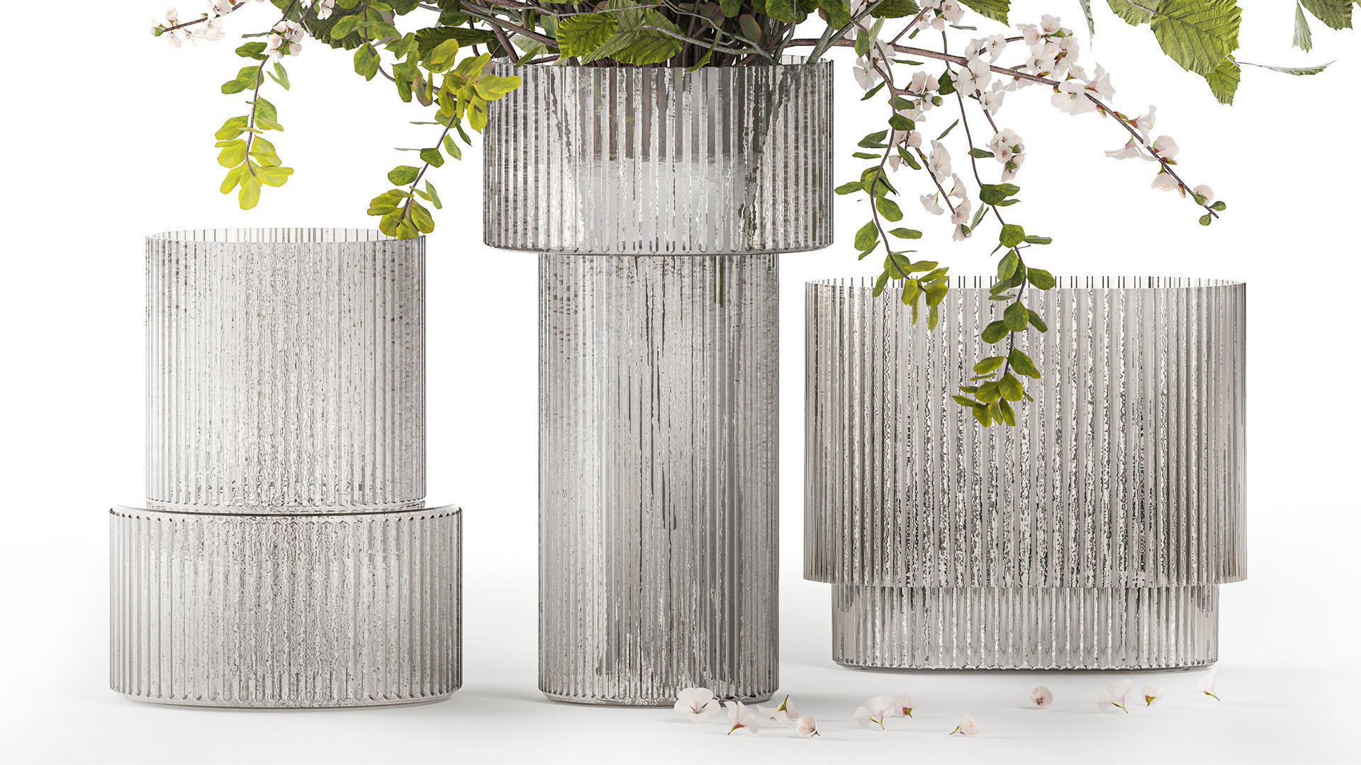 Bouquet of cherry blossom branches with green leaves in a vase  3D model_3