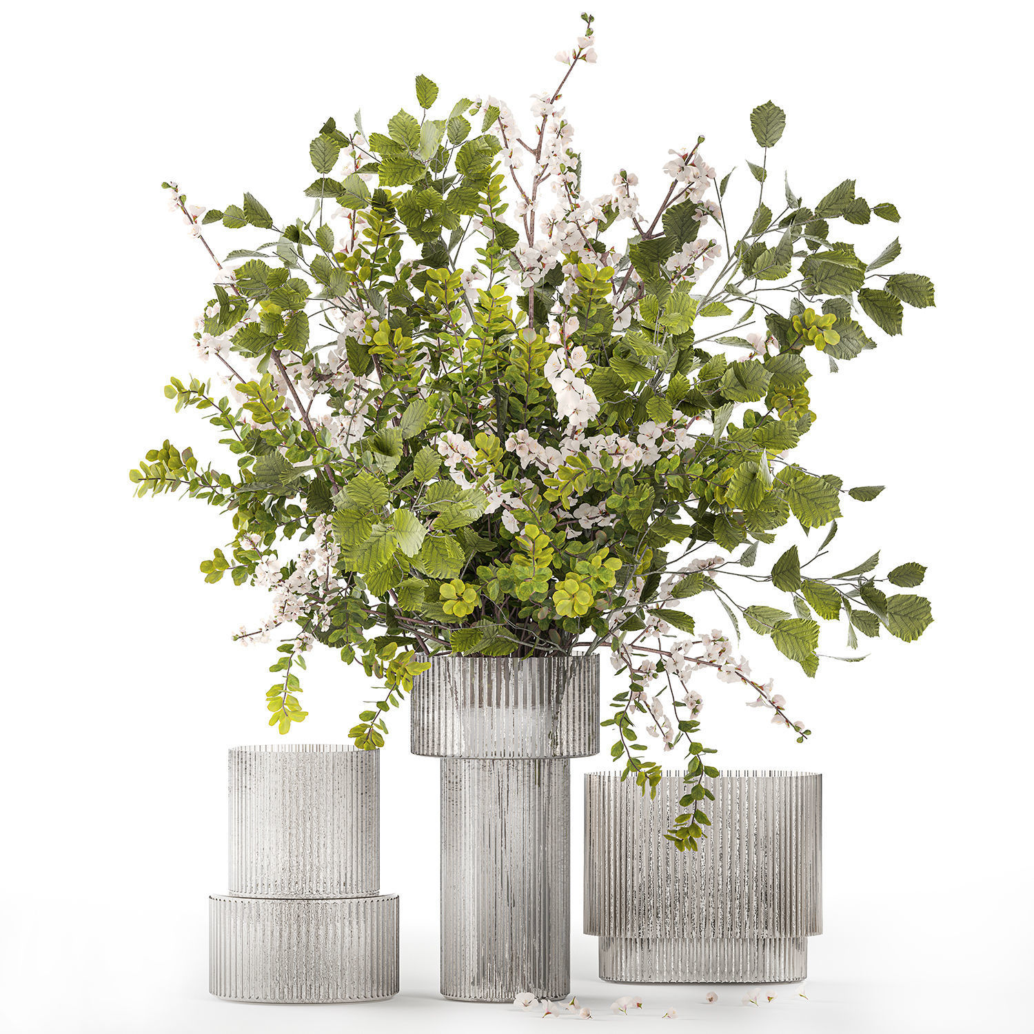 Bouquet of cherry blossom branches with green leaves in a vase  3D model_8