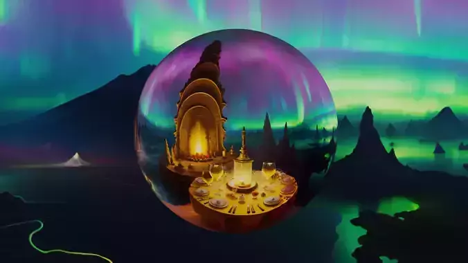 Stunning Dinner at the Dark Valley Northen Lights Low-poly 3D model