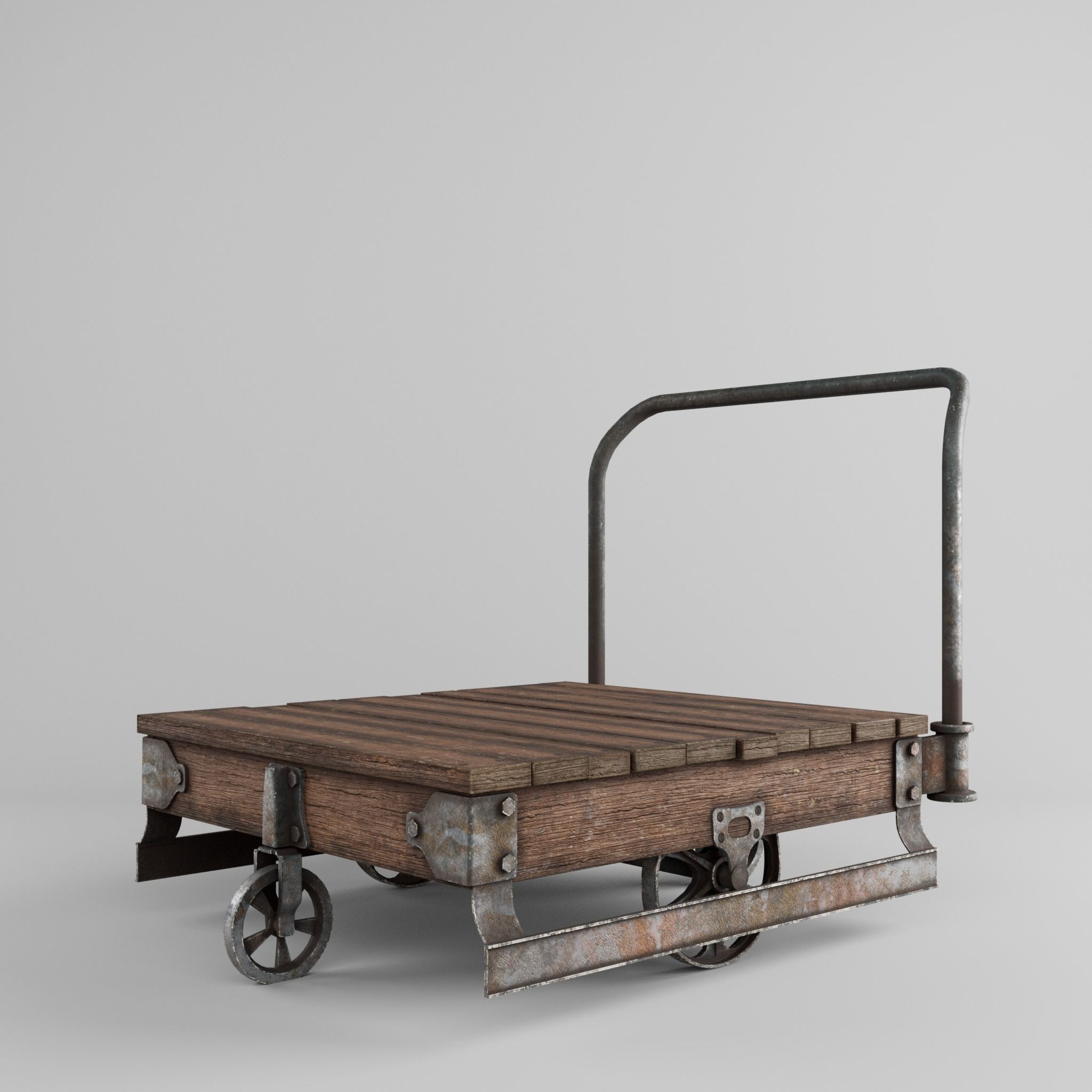 old wooden trolley- push cart 3d model Low-poly 3D model_2