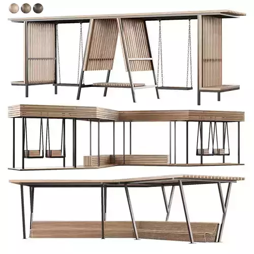 Set of pergolas gazebos canopies with swings benches 3