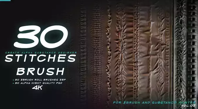 30 Seam  Zbrush Stitch Brushes  Alpha Tileable Vol01