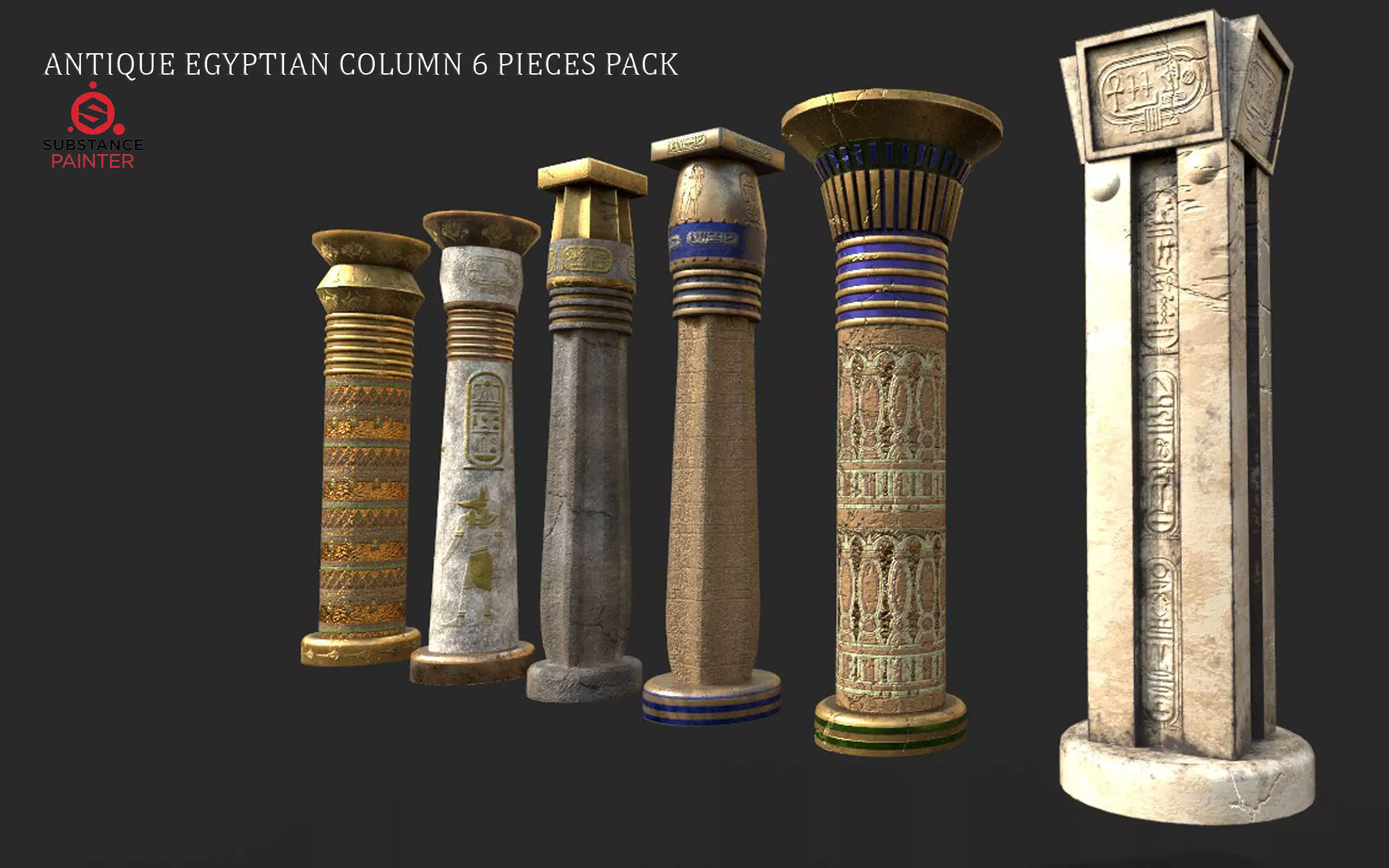 ANCIENT EGYPT COLUMN 6 PIECES PACK Low-poly 3D model
