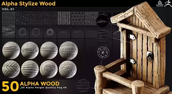 50 Stylized Wood Alpha Vol 01