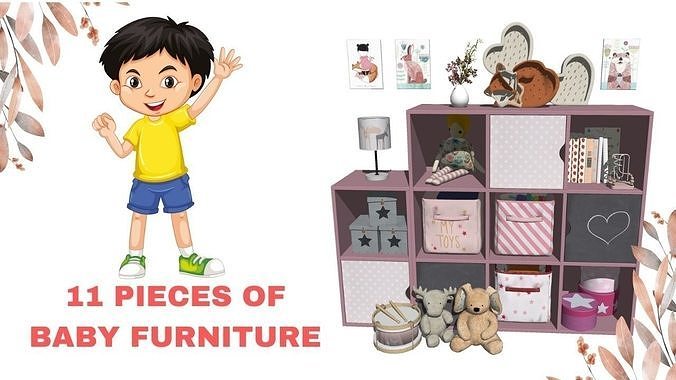 11 Pieces Baby Furniture Set SketchUp and FBX Files Included  Low-poly 3D model