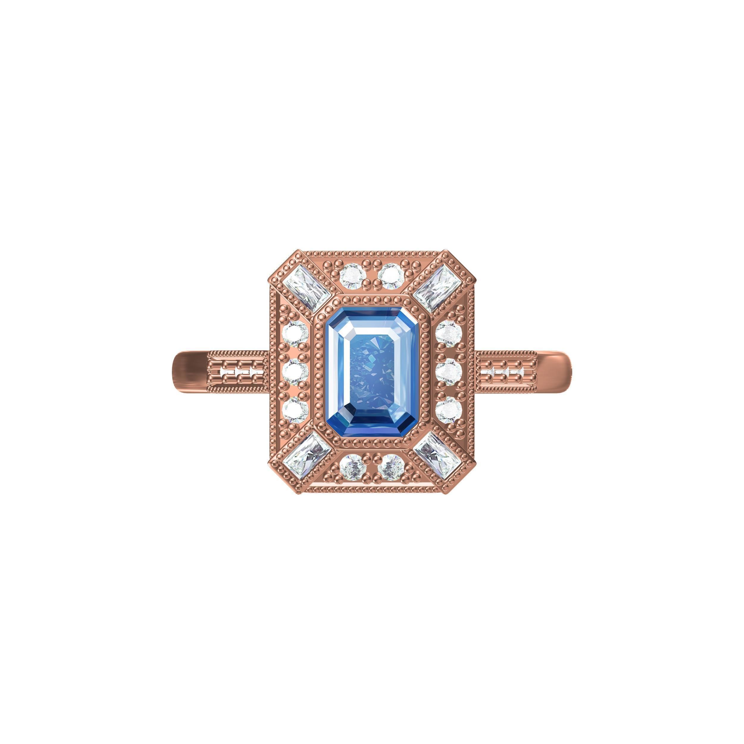 Blue Emerald Cut Artdeco Ring 3D print model_4
