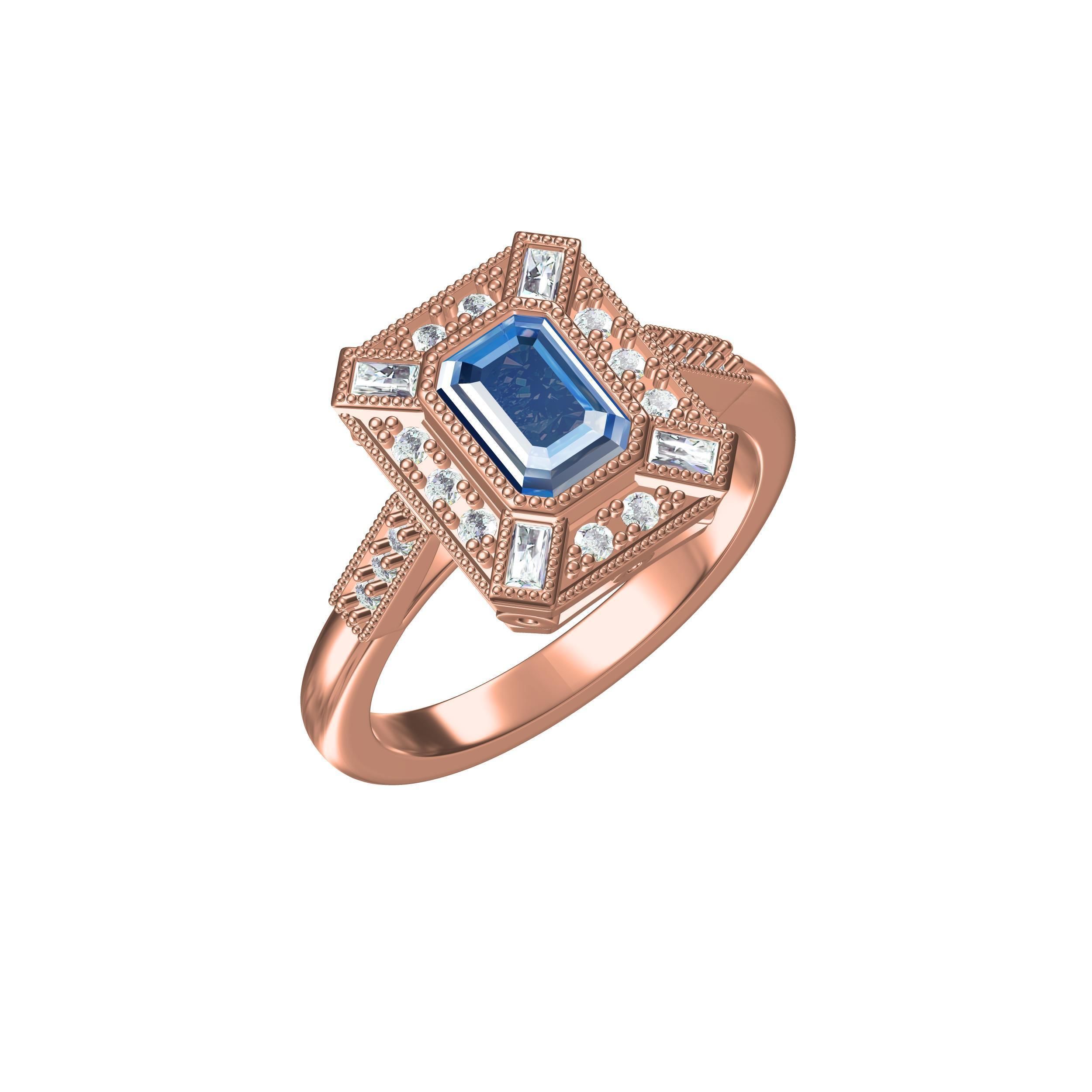 Blue Emerald Cut Artdeco Ring 3D print model_1