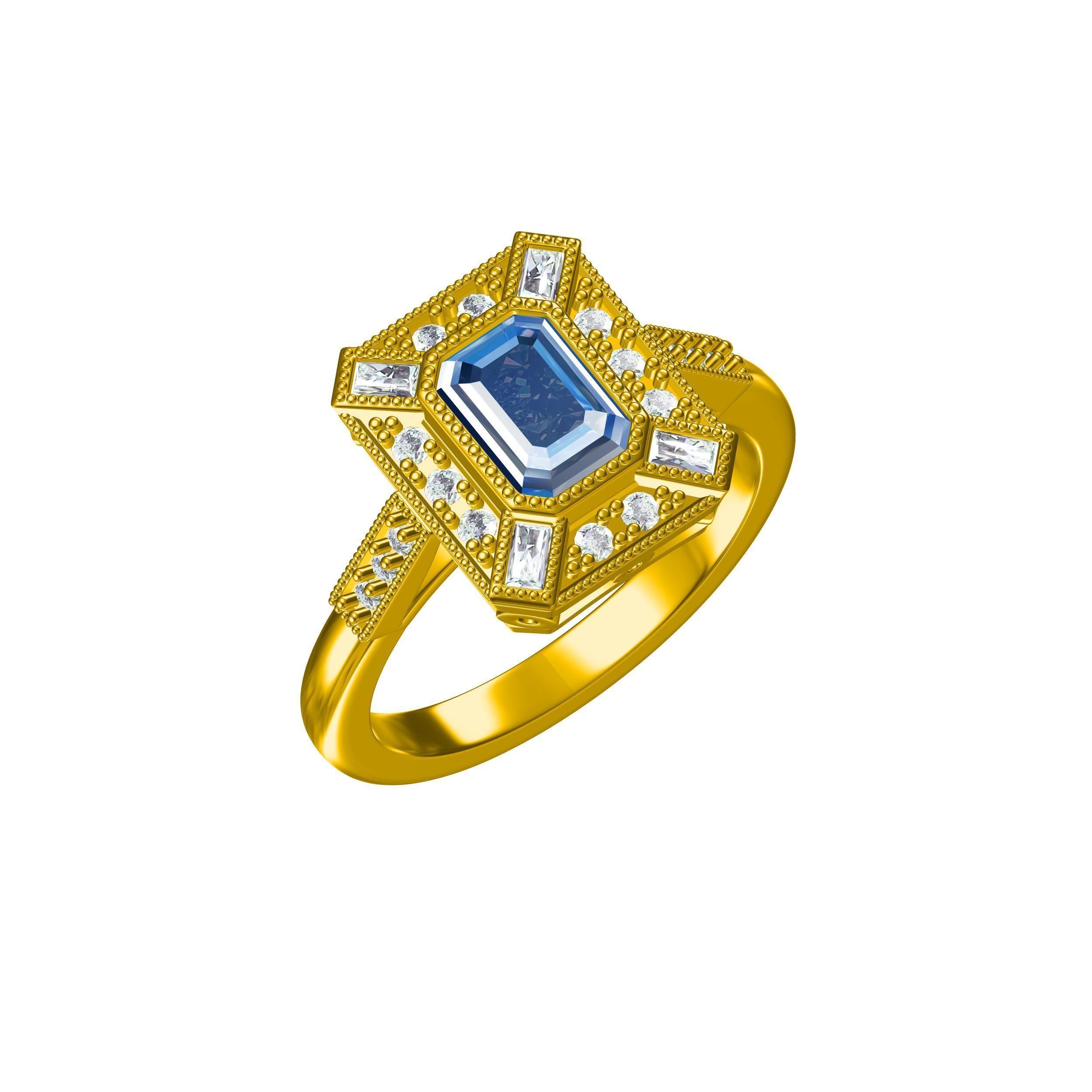 Blue Emerald Cut Artdeco Ring 3D print model_2
