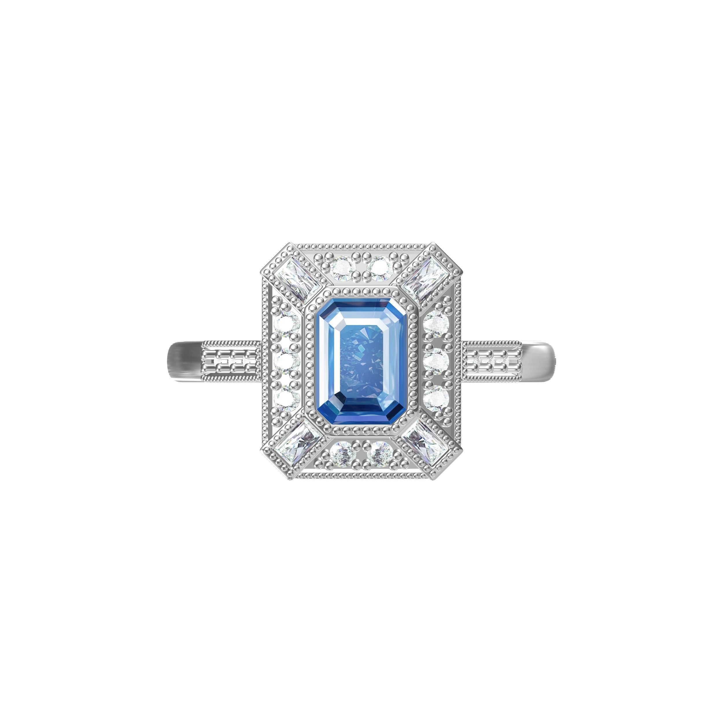 Blue Emerald Cut Artdeco Ring 3D print model_3