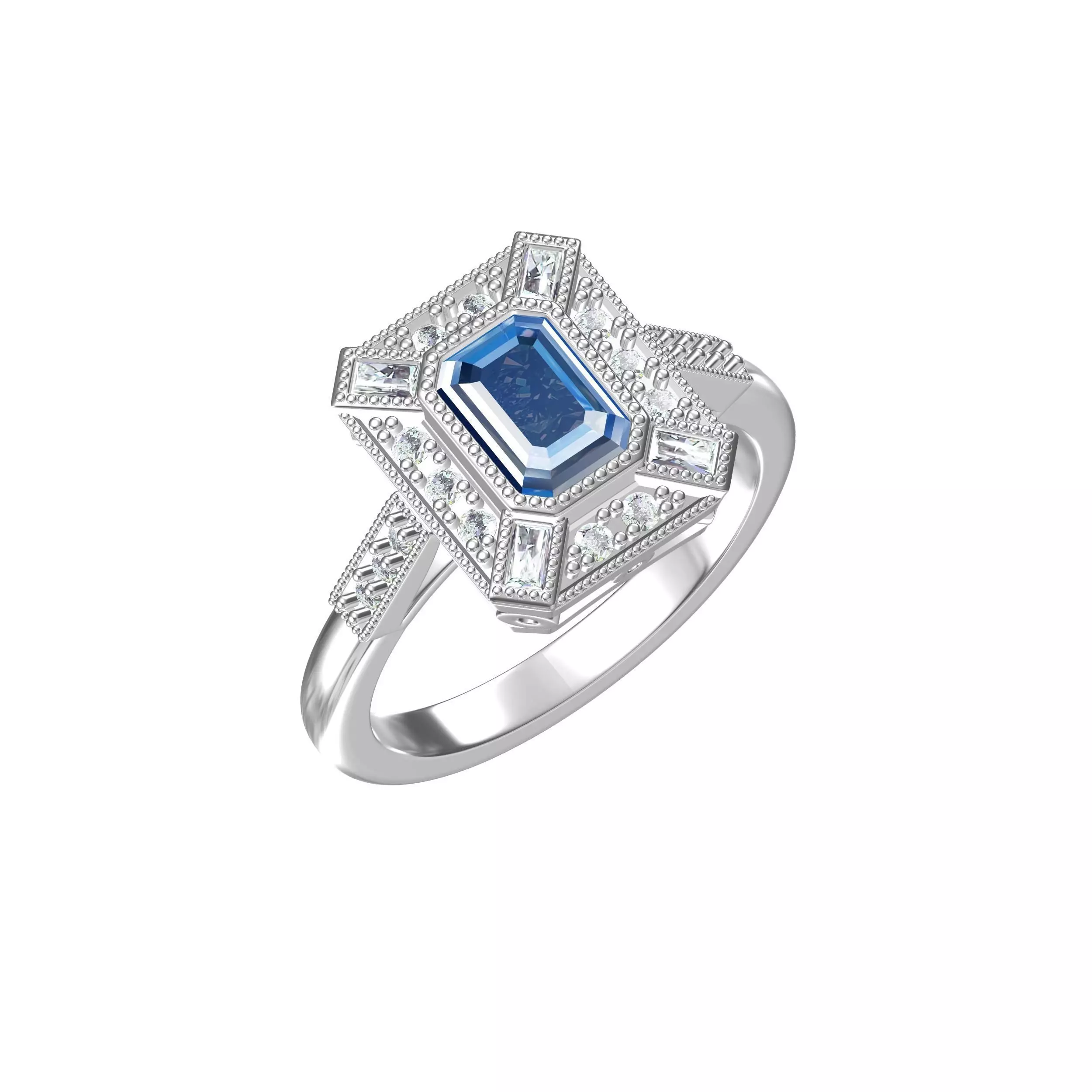 Blue Emerald Cut Artdeco Ring 3D print model_0