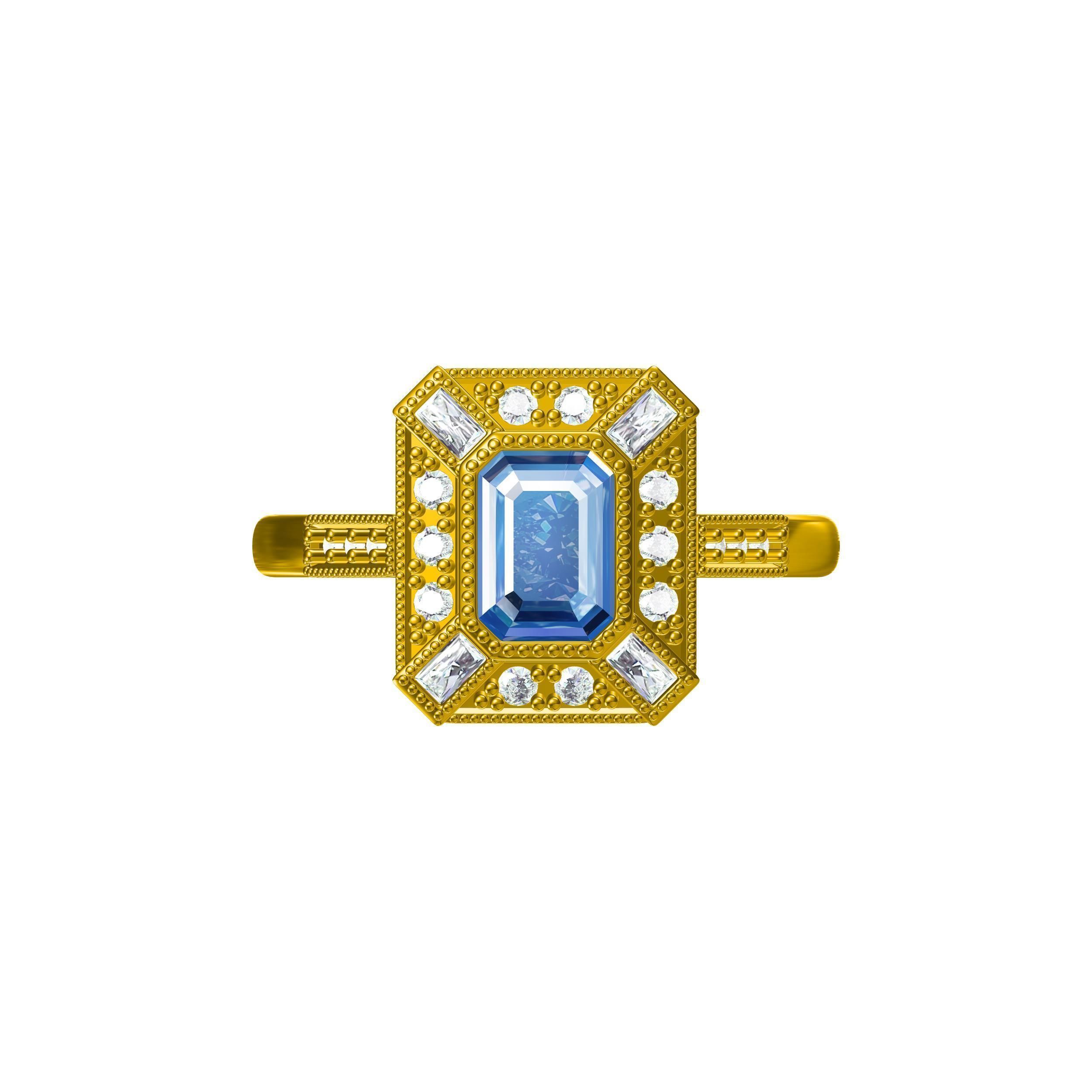 Blue Emerald Cut Artdeco Ring 3D print model_5
