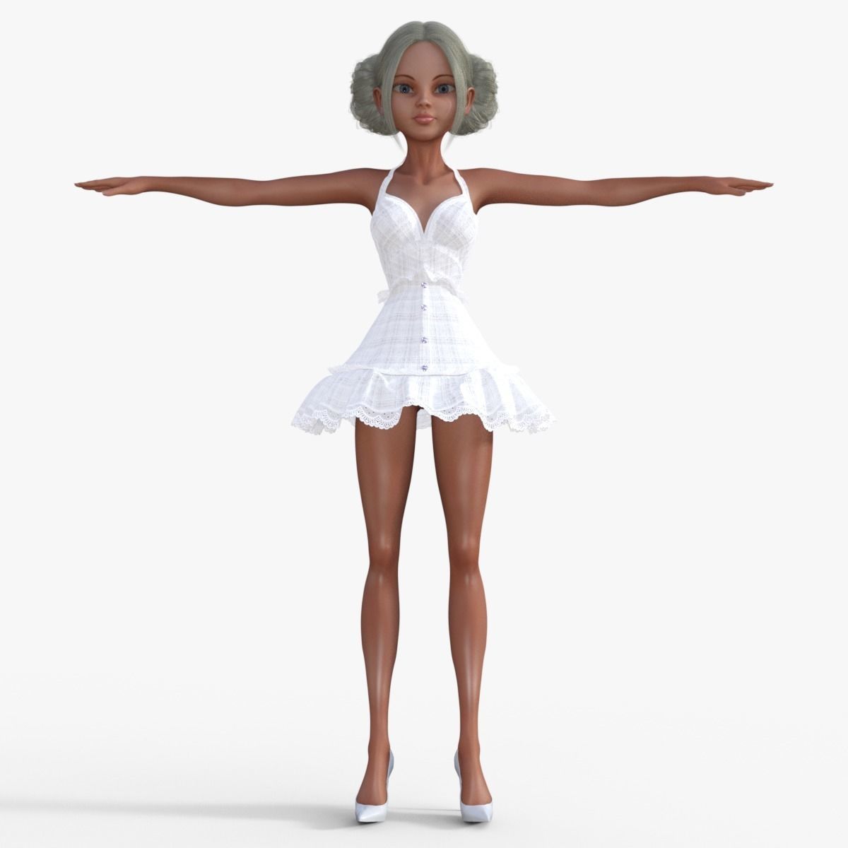 Girl in White Dress Rigged 3D model_1