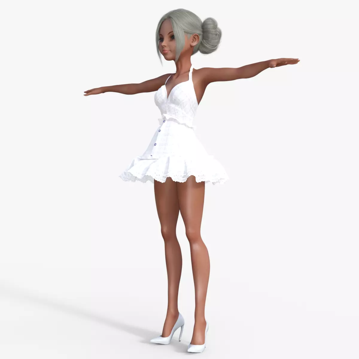 Girl in White Dress Rigged 3D model_0
