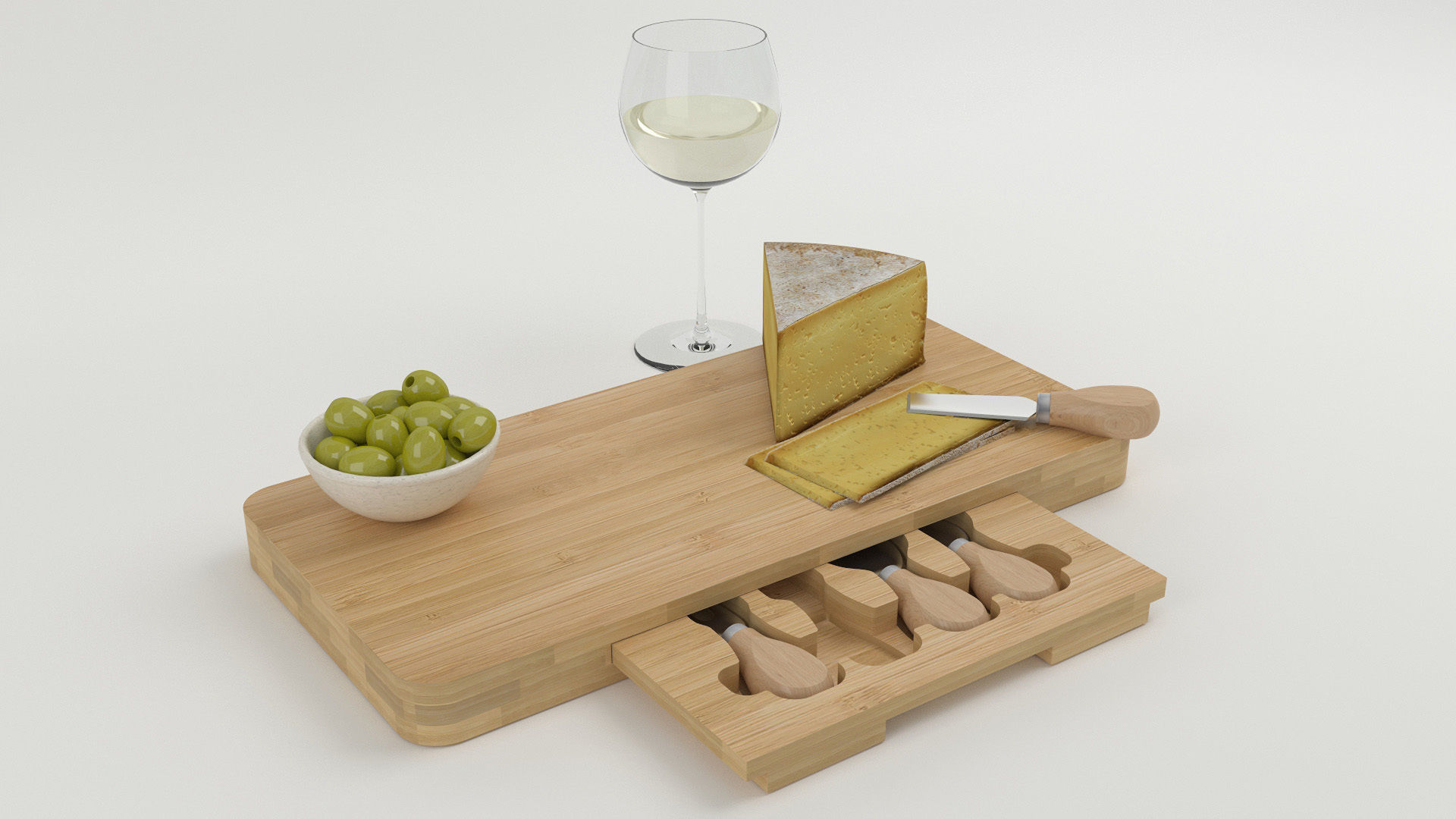 Composition of bamboo cheese board 3D model_1