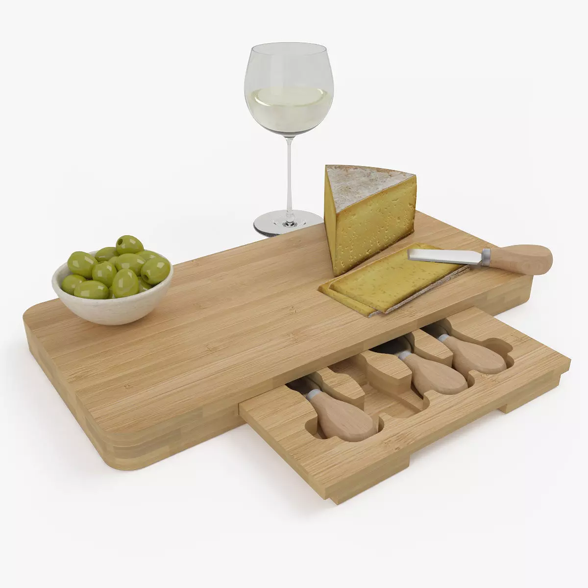 Composition of bamboo cheese board 3D model_0