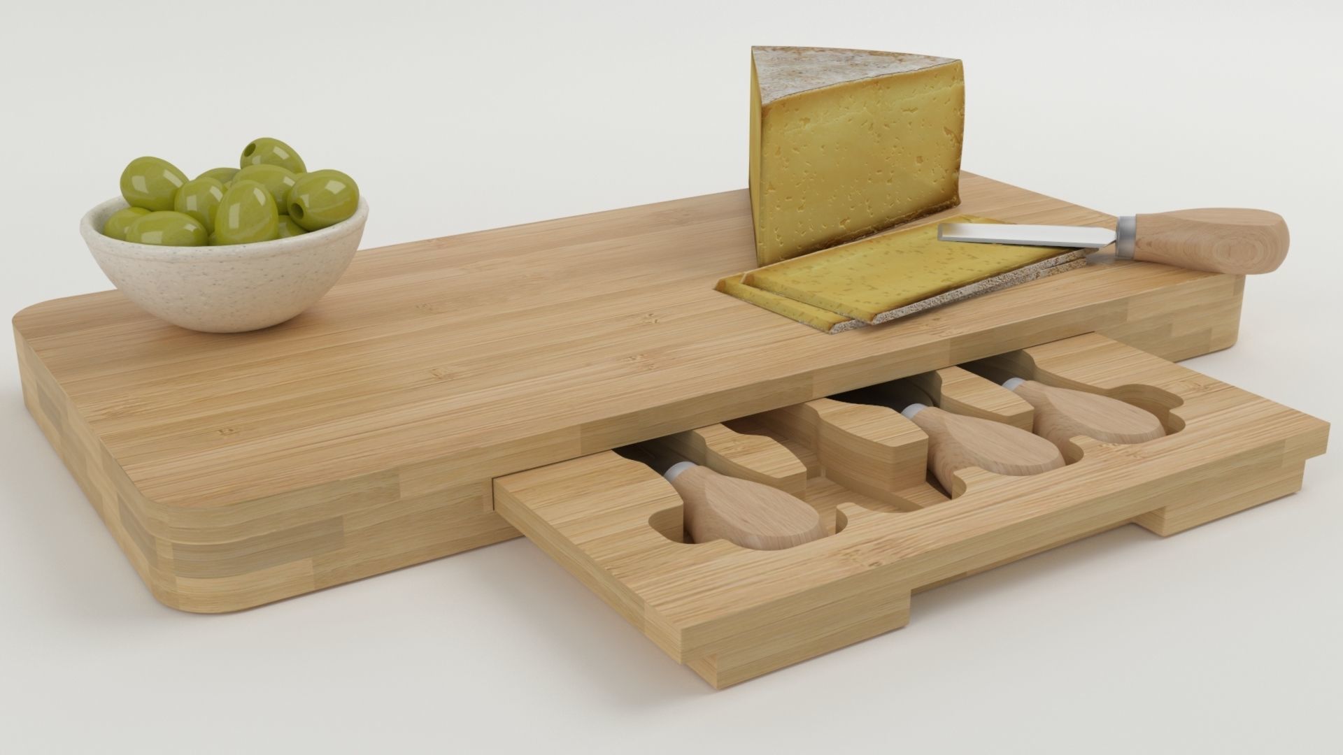 Composition of bamboo cheese board 3D model_2