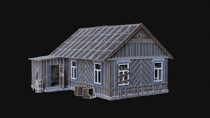 SOVIET RUSSIAN EUROPEAN HOUSES BUILDING HUT WOODEN OLD RUINED Low-poly 3D model 6