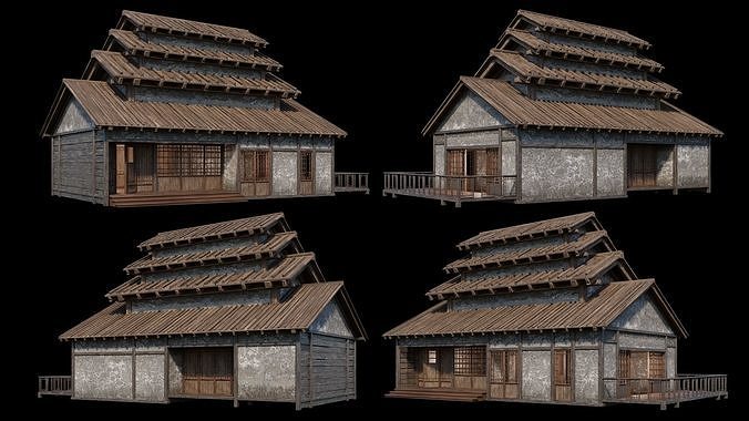 Medieval  Japanese Houses  - 4K Textures Game Ready Low-poly 3D model 7