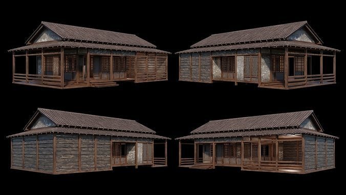 Medieval  Japanese Houses  - 4K Textures Game Ready Low-poly 3D model 4