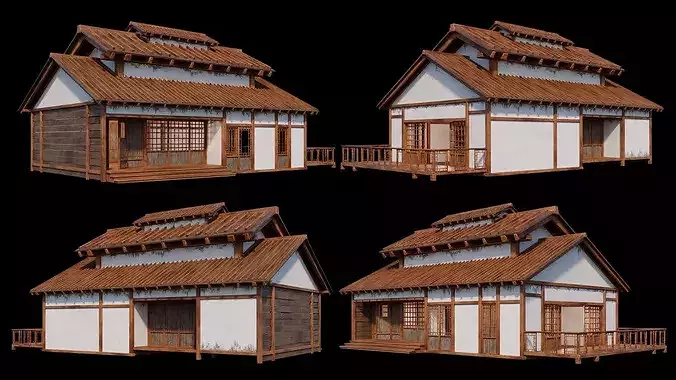Medieval  Japanese Houses  - 4K Textures Game Ready Low-poly 3D model 3