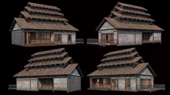 Medieval  Japanese Houses  - 4K Textures Game Ready Low-poly 3D model 6