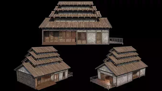 Medieval  Japanese Houses  - 4K Textures Game Ready Low-poly 3D model 5