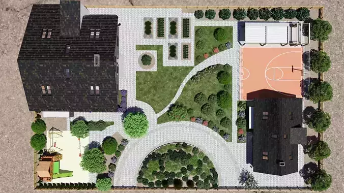 Highly detailed 3d scene of two Houses with garden landscape 