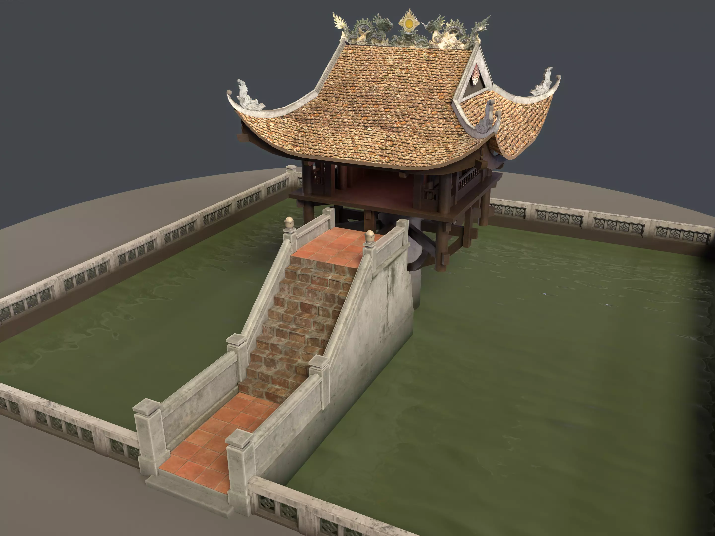 One Pillar Pagoda - 3D Model Chua Mot Cot Low-poly 3D model_0