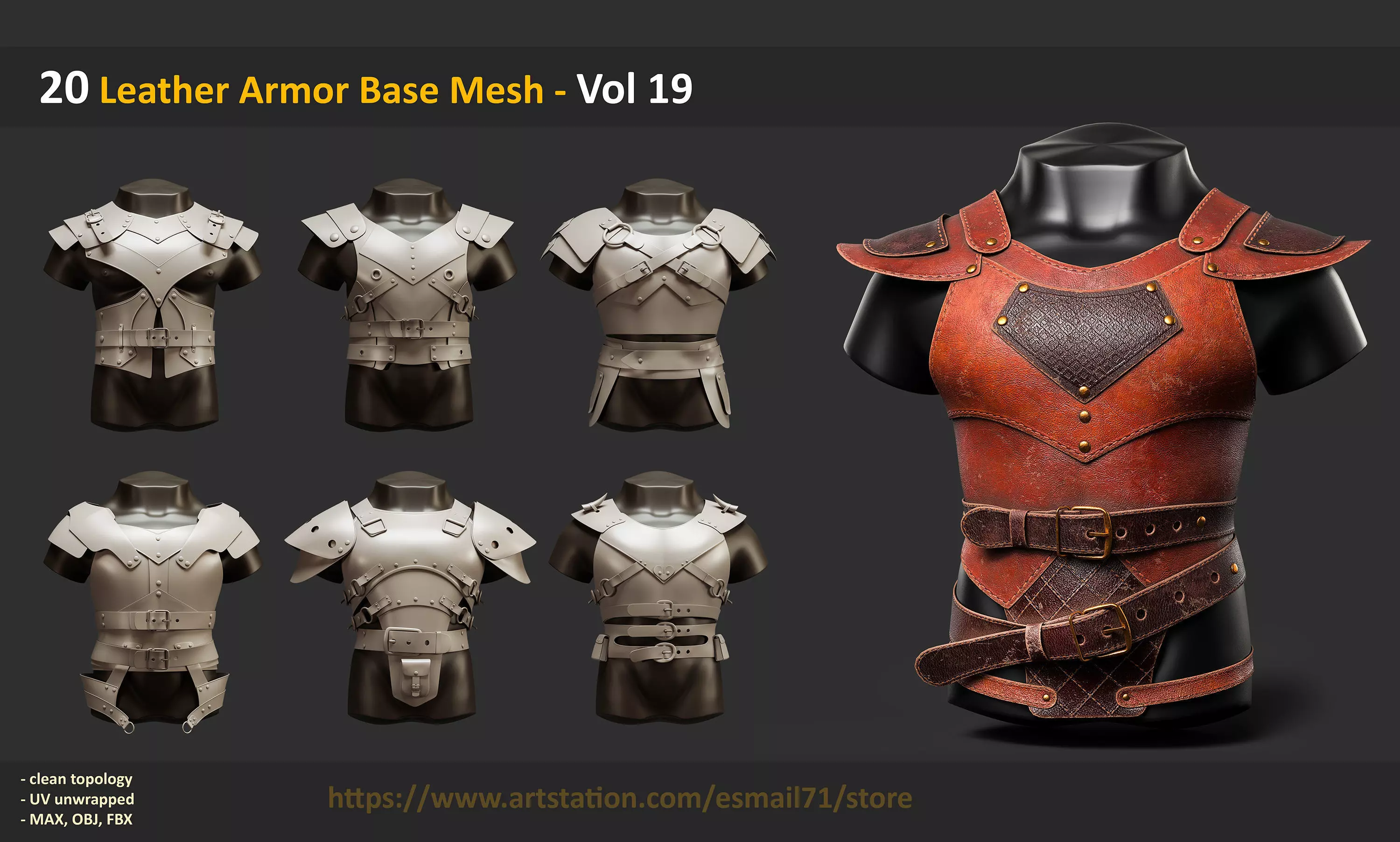 20 Leather Armor Base Mesh - Vol 19 Low-poly 3D model_0