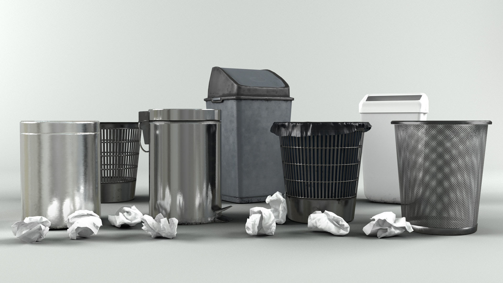 Trash bin and crumpled paper collection LowPoly PBR Low-poly 3D model_2