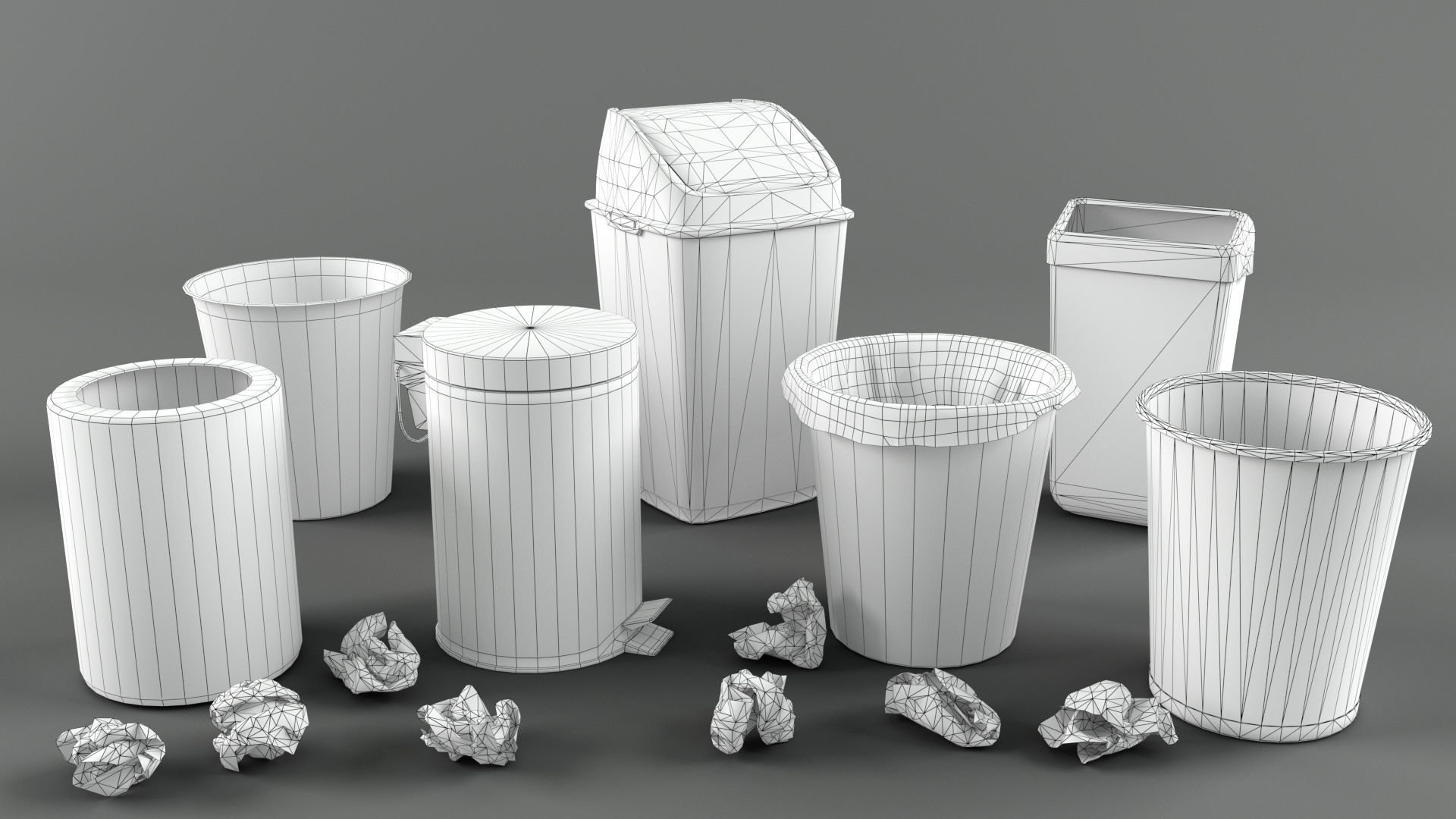 Trash bin and crumpled paper collection LowPoly PBR Low-poly 3D model_38