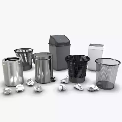 Trash bin and crumpled paper collection LowPoly PBR