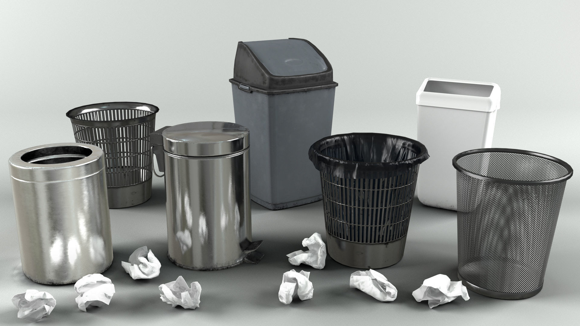 Trash bin and crumpled paper collection LowPoly PBR Low-poly 3D model_1
