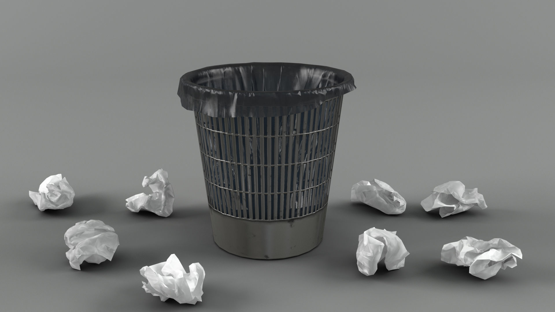 Trash bin and crumpled paper LowPoly PBR Low-poly 3D model_1