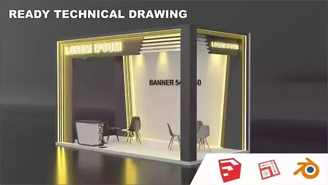 EXHIBITION STAND 001 3X6 3D model with technical drawing