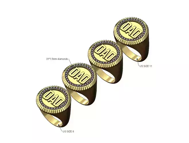 Fluted bezel round DAD diamond signet ring US size 8to11