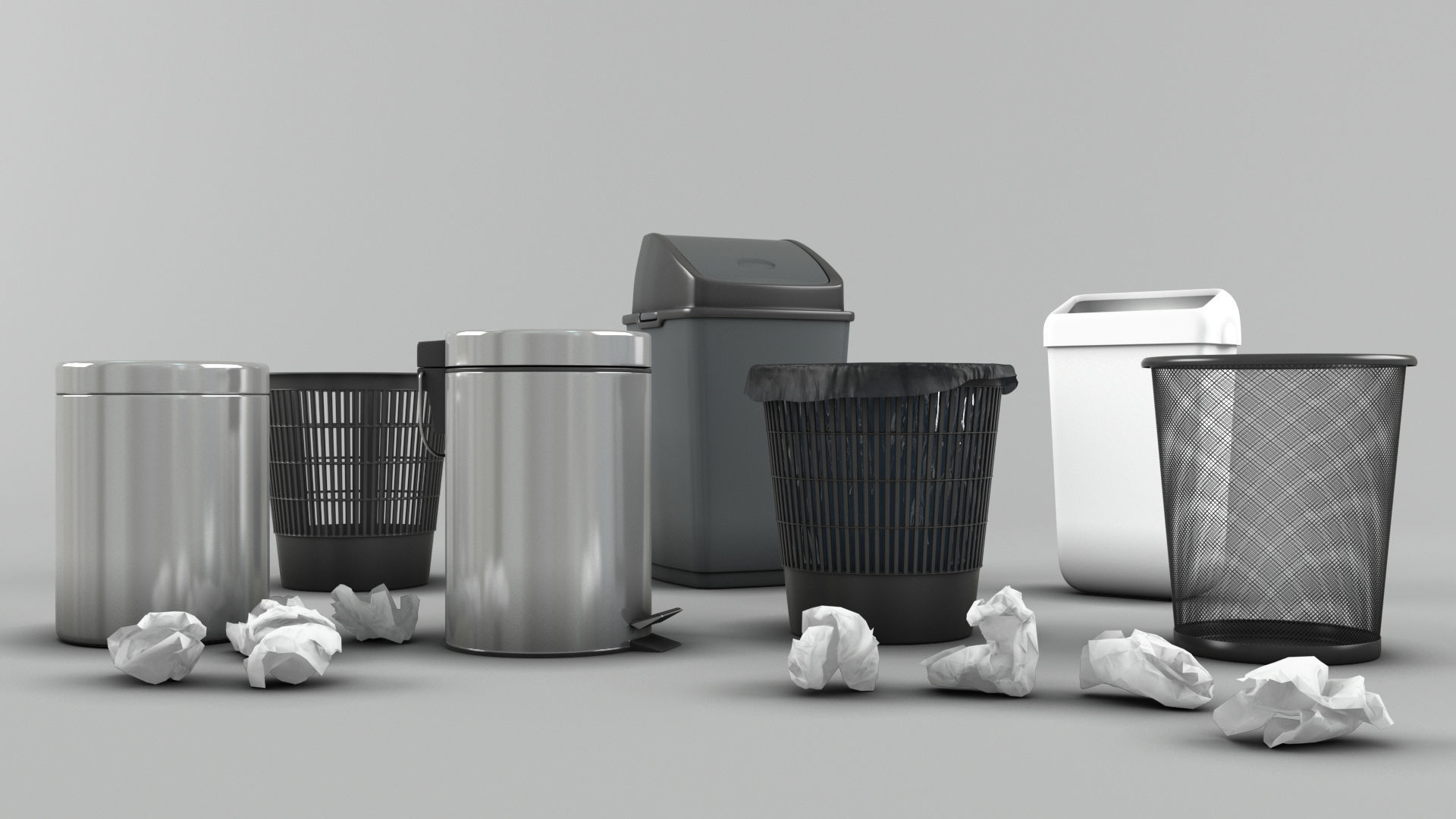 Trash bin and crumpled paper collection 3D model_2