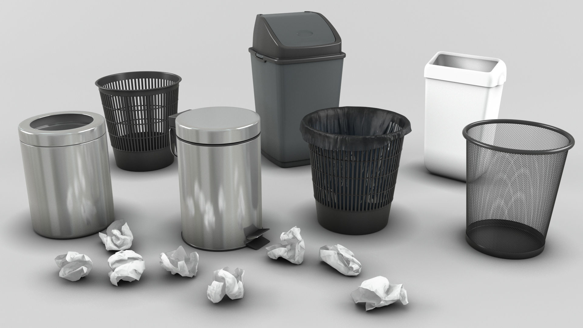 Trash bin and crumpled paper collection 3D model_1